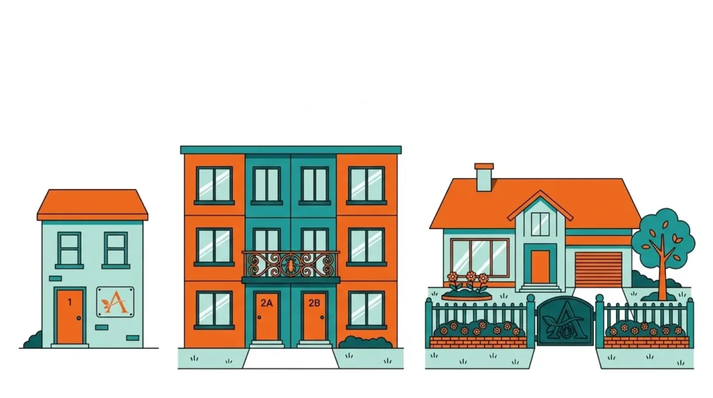 Vector illustration by Aura Pest Control showing three different types of residential homes: a small townhome, a multi-story apartment building, and a detached suburban house.