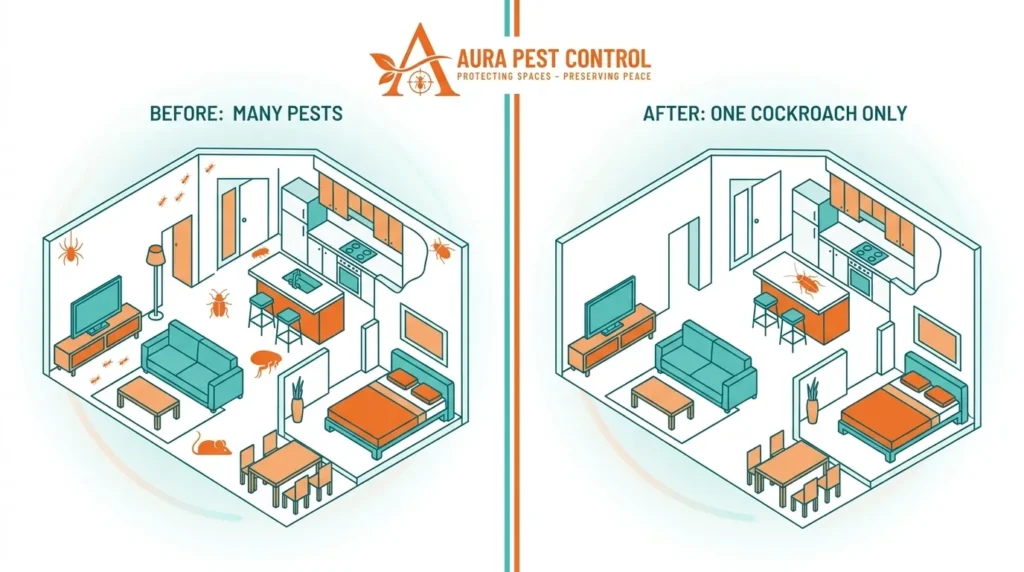 Vector illustration by Aura Pest Control comparing a before-and-after home layout: "Before: Many Pests" showing various pests versus "After: One Cockroach Only