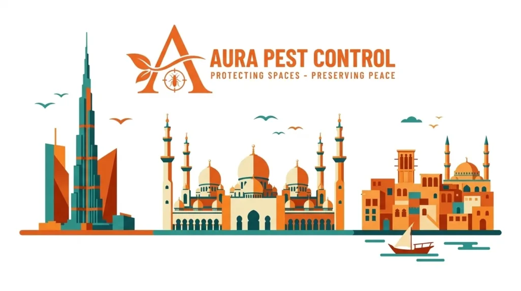 Vector illustration featuring the Aura Pest Control logo alongside iconic UAE city landmarks including the Burj Khalifa, a grand mosque, and traditional architecture.
